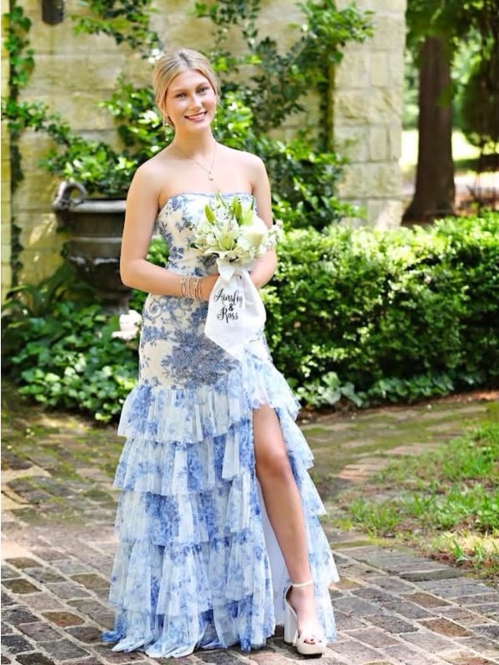 Sherri Hill Strapless Blue and White Floral Ruffle Gown
